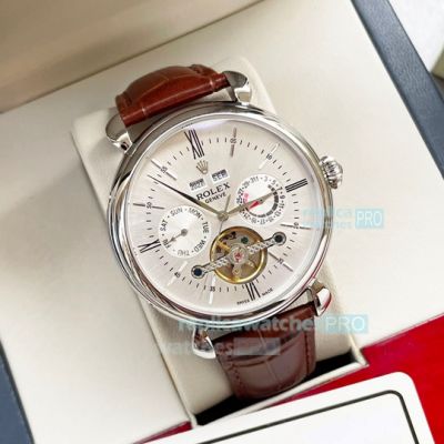 High Quality Replica Rolex White Dial Brown Leather Strap 42mm Watch 